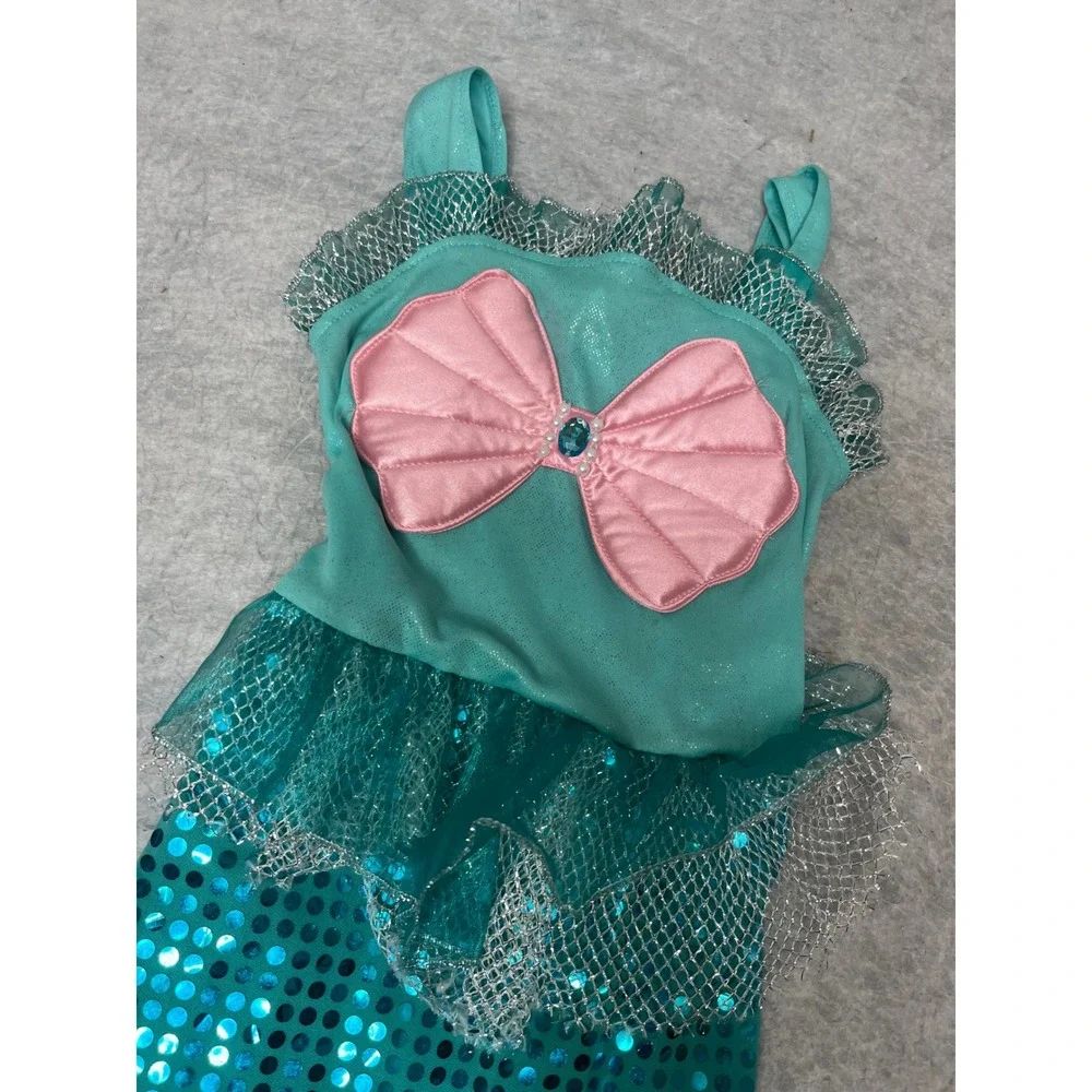 Girls Teal Sequin Mermaid princess Costume Dress Seashell Bow Size 4 dress up